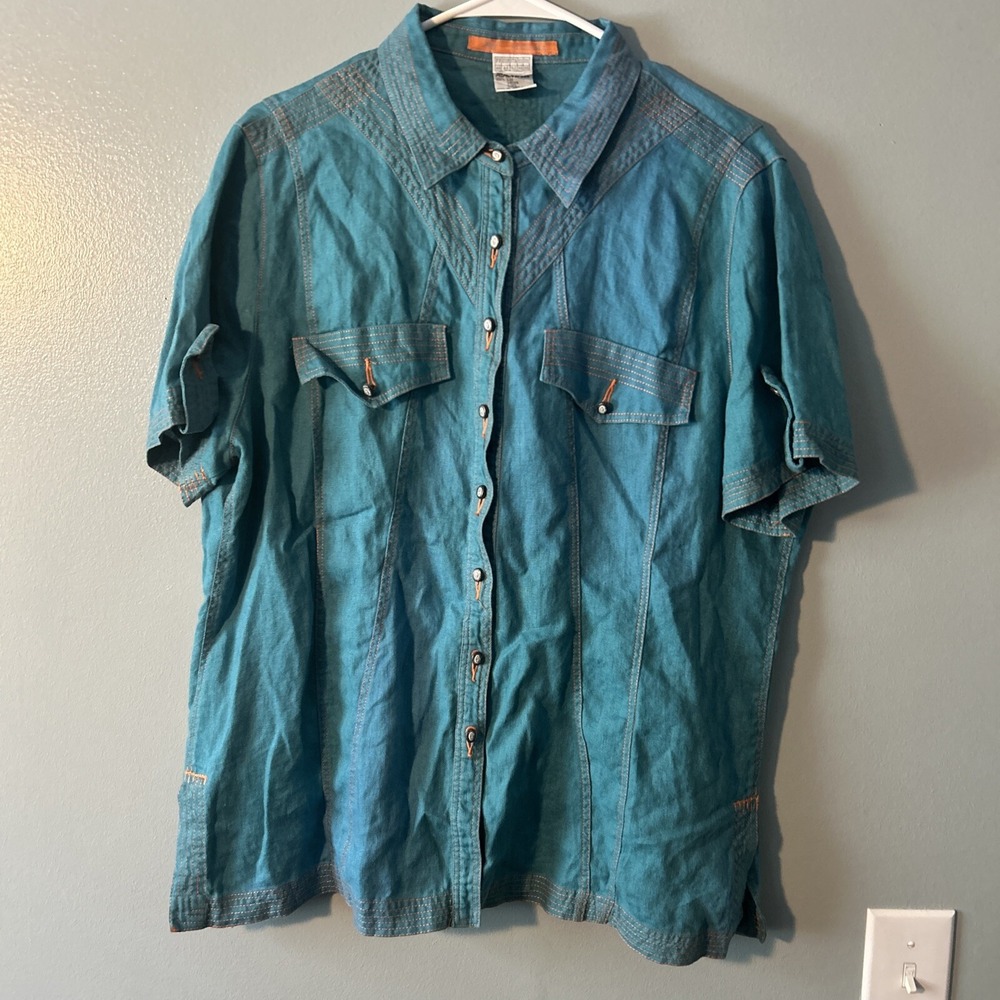 Alain Weiz AW Linen Short Sleeved Linen Western Shirt Turquoise/Orange Size 16